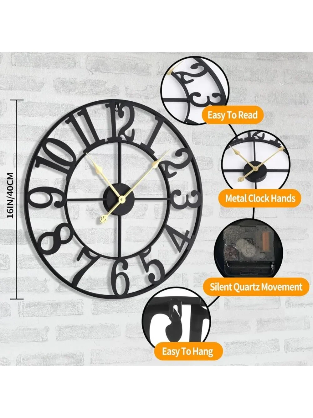 New 16in Large Silent Non-Ticking Black Metal Wall Clock Retro Farmhouse Decor